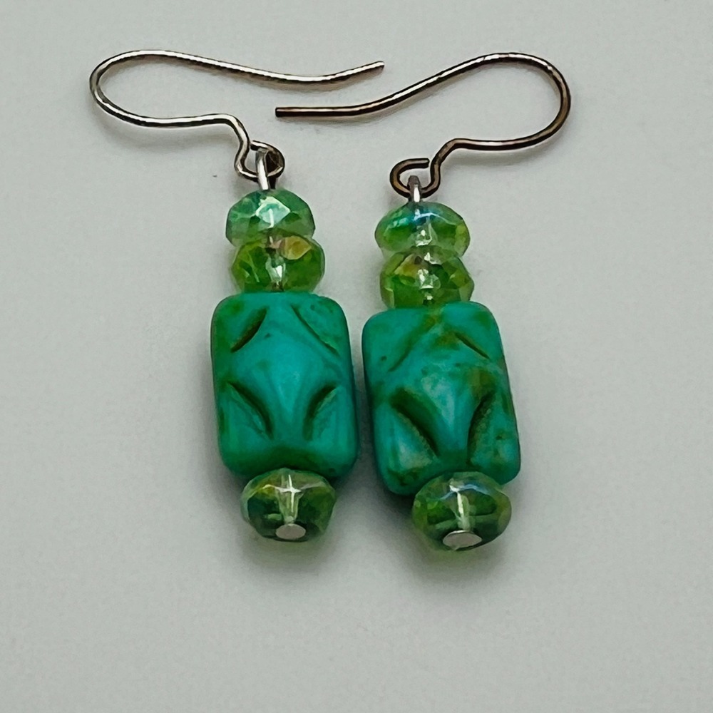 Dangle Earrings Green Beaded Oval Silver Tone Fishhook Boho Artisan Statement